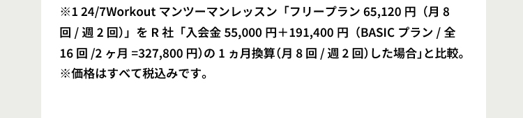 2※1 24/7Workout「入会金41,800円＋月額107,800円×2ヶ月＝257,400円」をR社「入会金55,000円＋月額163,900円×2ヶ月＝382,800円」と比較